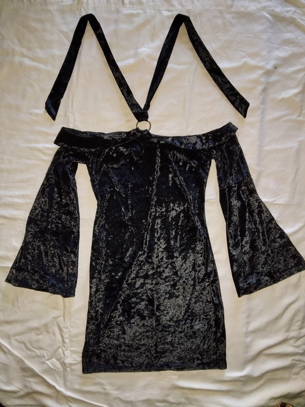 Off-Shoulder Velvet Mini Dress with Removable Halter Strap in Black